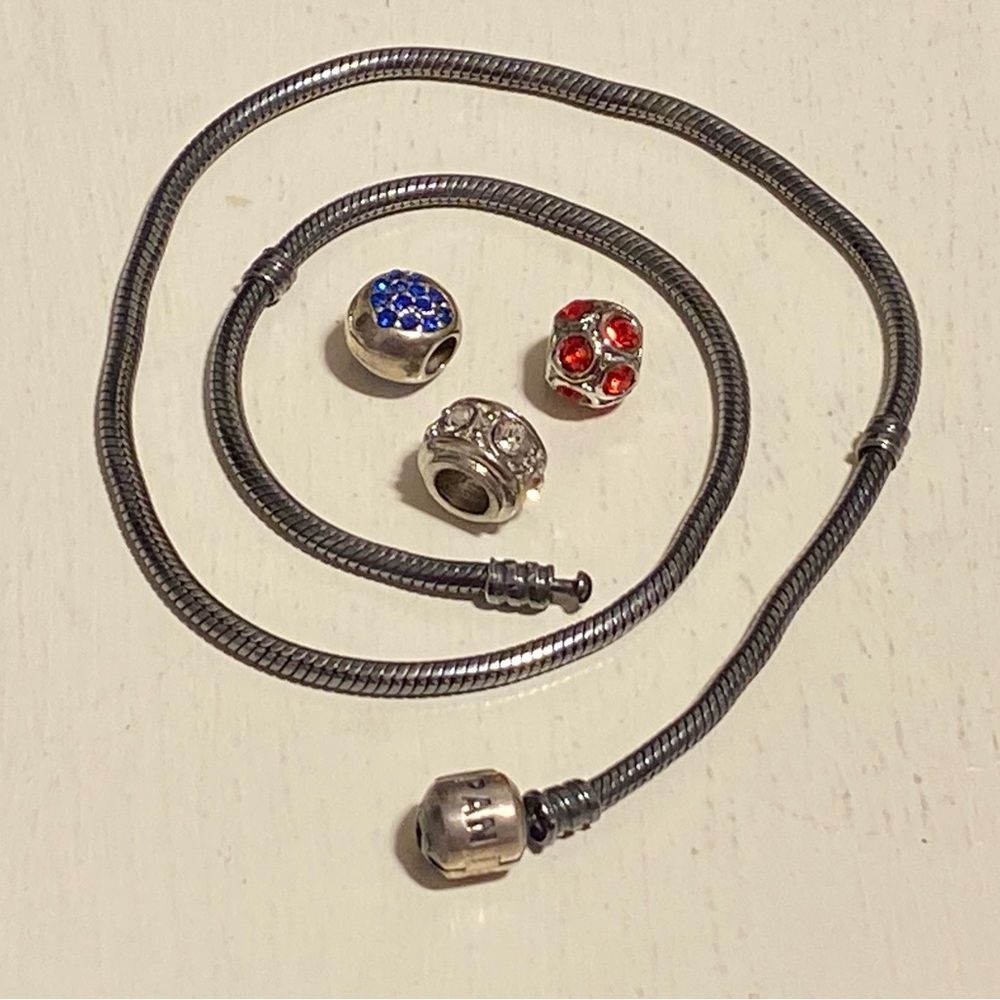 PANDORA 16” Snake Oxidized Necklace + 925 ALE 14k Gold Heart + 3 Charms - Picture 2 of 8